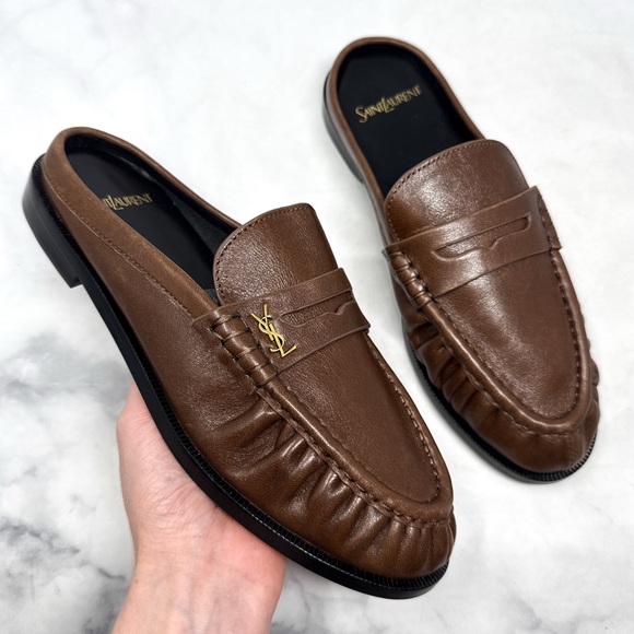 Saint Laurent Shoes - NEW Saint Laurent YSL Le Loafer Penny Mule Leather Backless Flat Shoes Brown 36